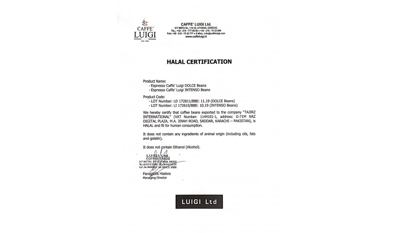 CAFFE LUIGI Ltd. HALAL CERTIFICATION